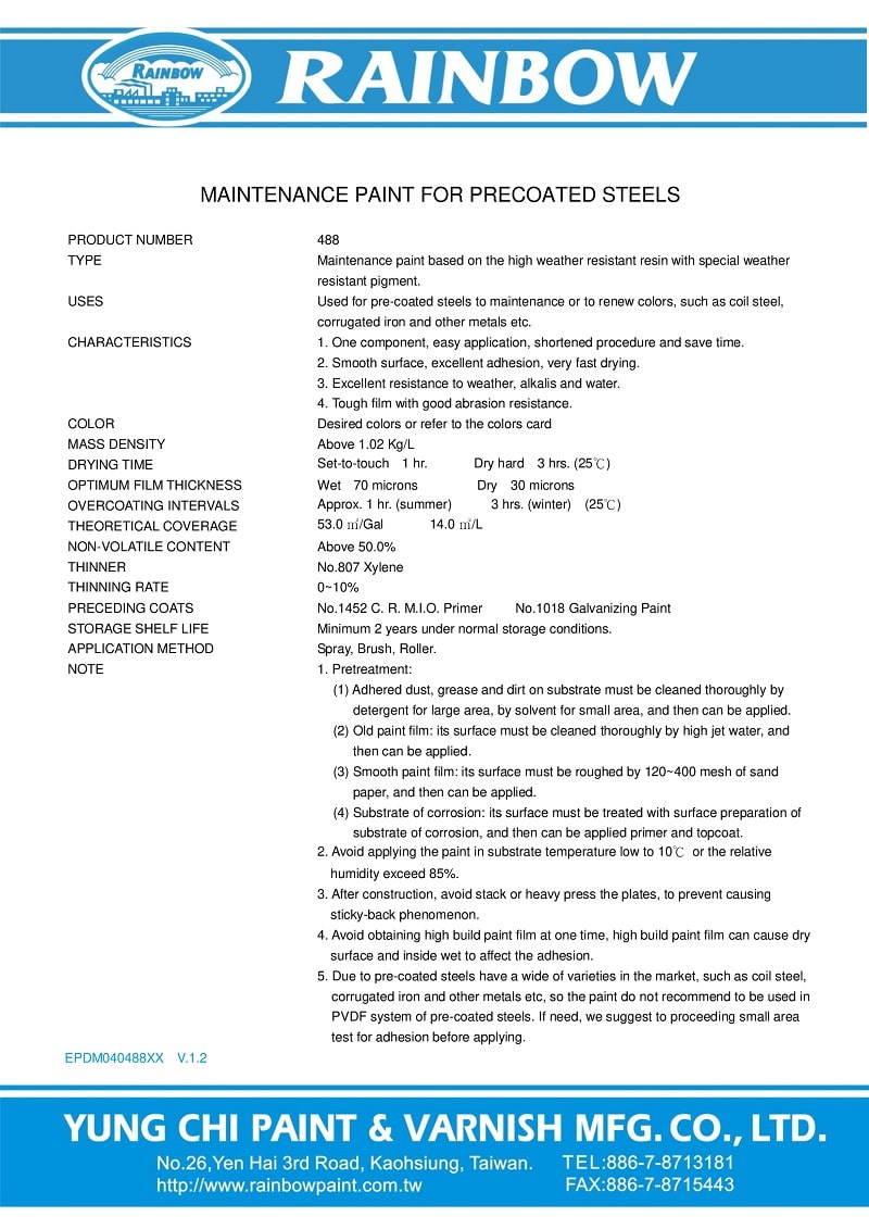 hông số kỹ thuật sơn Rainbow 488 - maintenance paint for precoated steel 3 