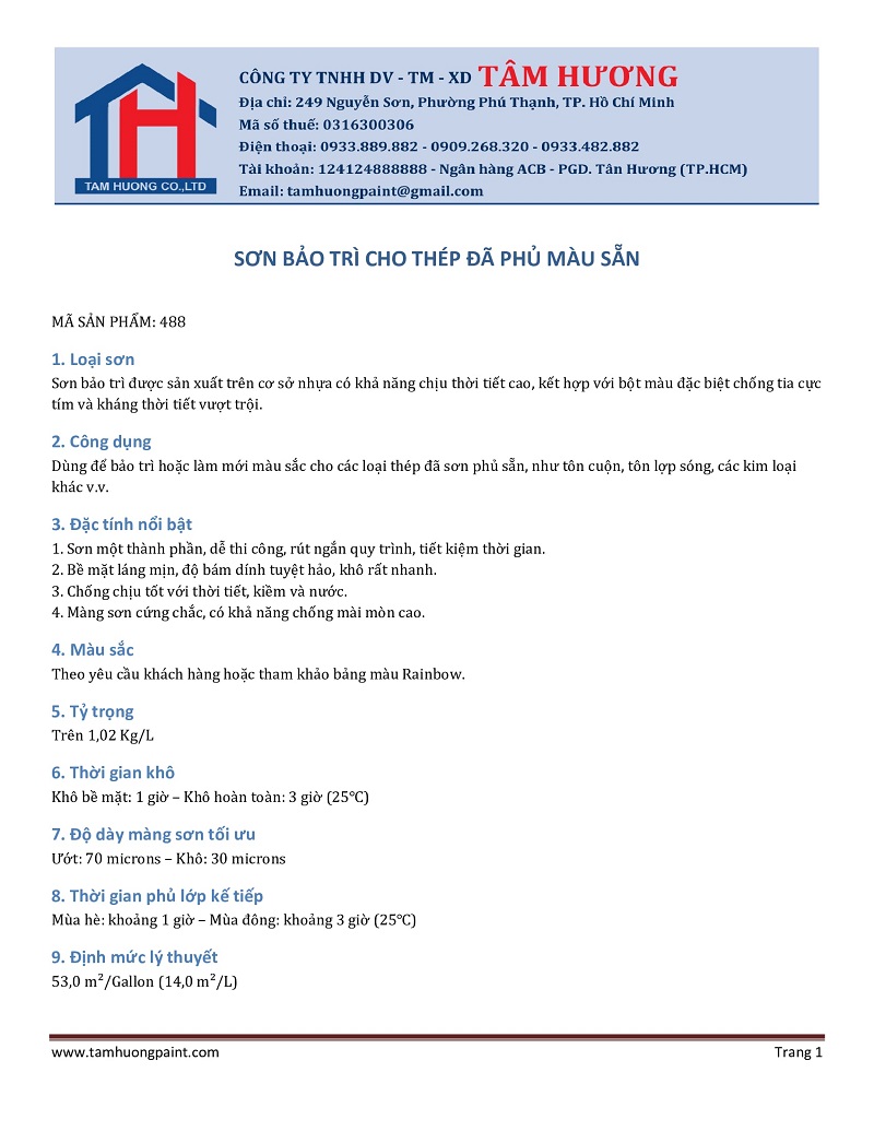 Thông số kỹ thuật sơn Rainbow 488 - maintenance paint for precoated steel 1