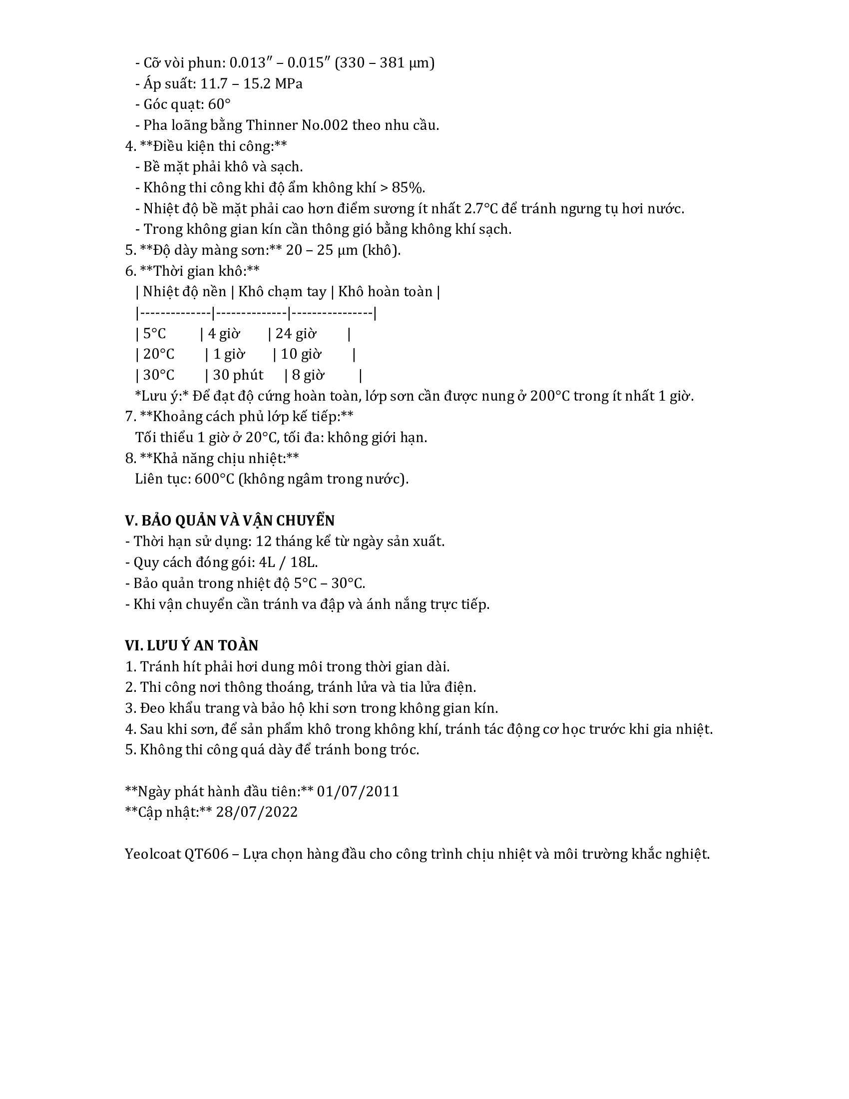 THÔNG SỐ KỸ THUẬT SƠN YEOLCOAT QT606