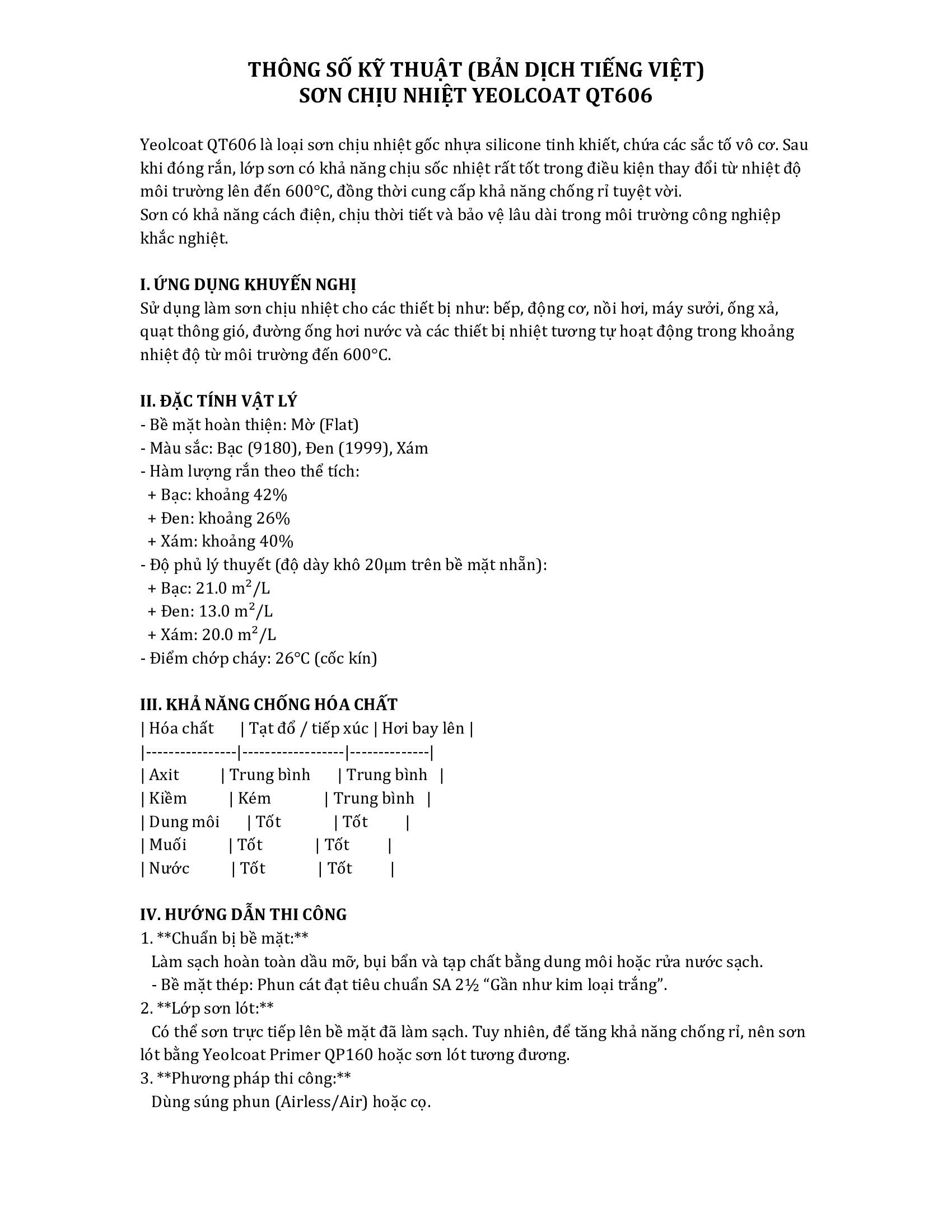 THÔNG SỐ KỸ THUẬT SƠN YEOLCOAT QT606 kcc 