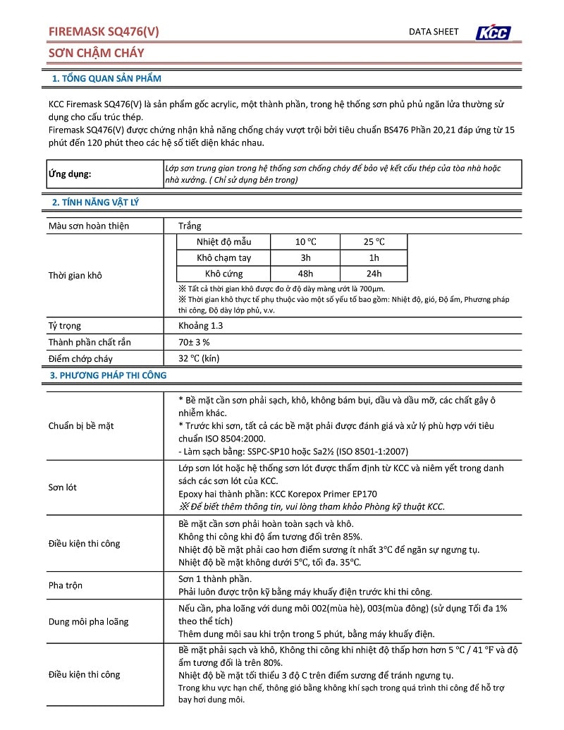 Thông số kỹ thuật sơn chậm cháy Firemask SQ476V KCC 1