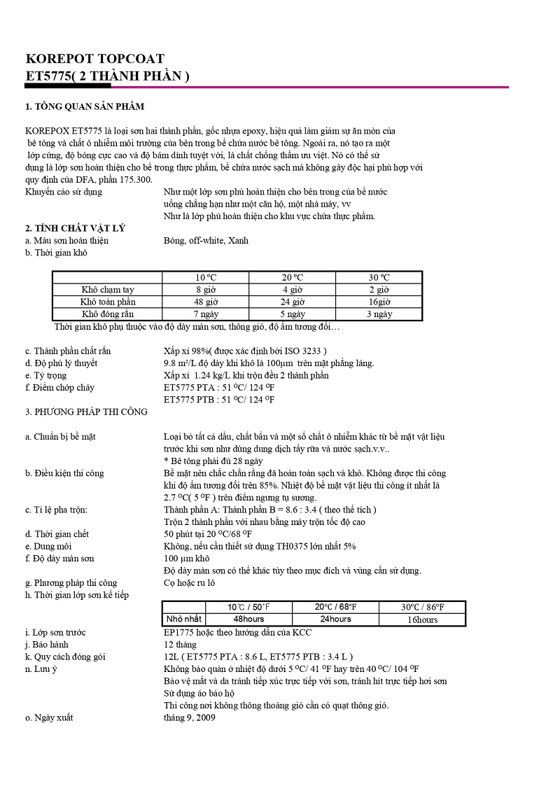 TDS -Thông số kỹ thuật ET5775