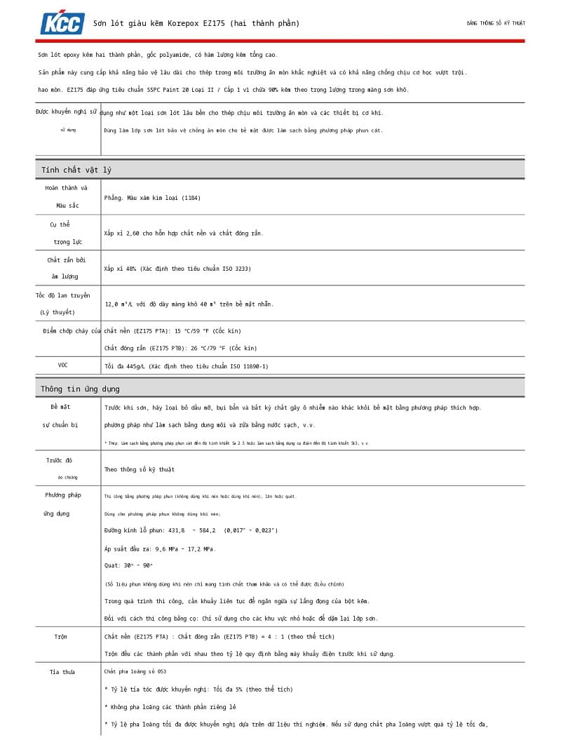 Thông số kỹ thuật EZ175 KCC 001