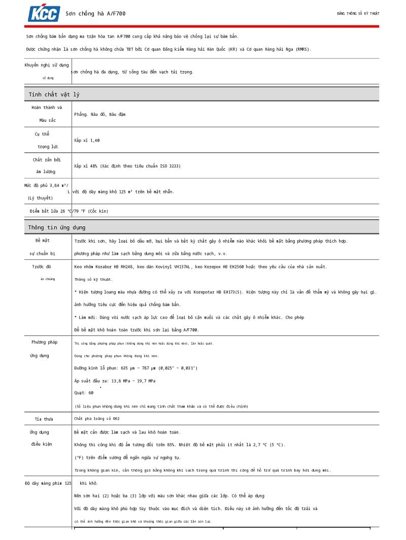 Thông số kỹ thuật A/F700 KCC sơn chống hà a