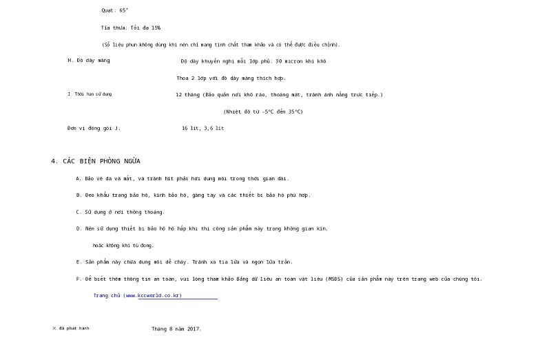 Thông số kỹ thuật SPORTHANE TOPCOAT KCC 003