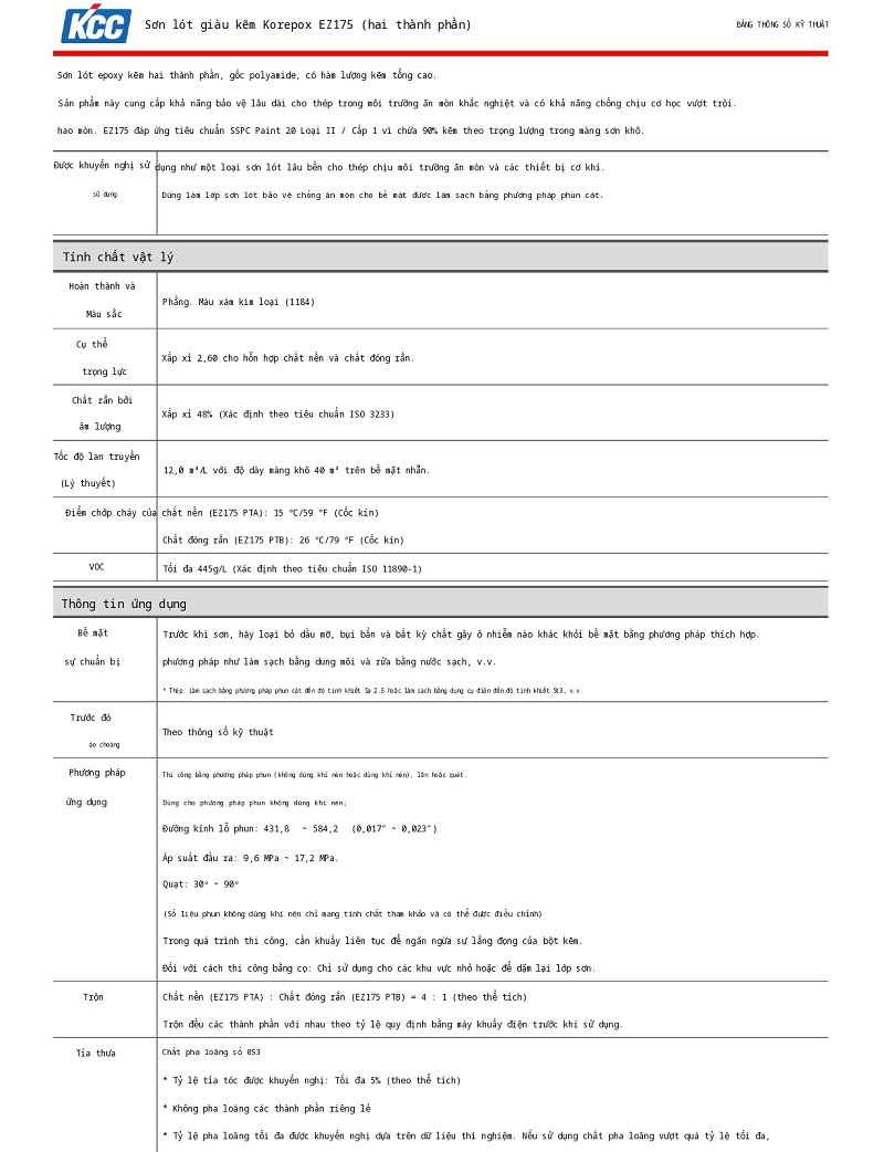 Thông số kỹ thuật EZ175 KCC – Sơn lót giàu kẽm -01