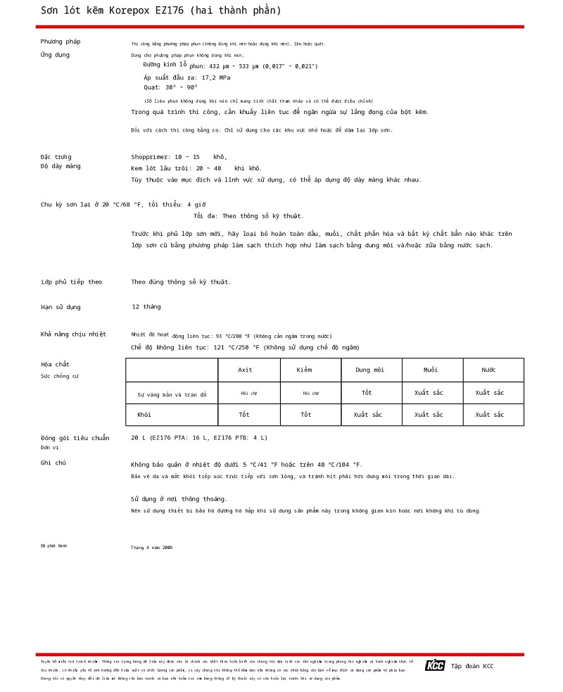 Thông số kỹ thuật EZ176 KCC - Sơn lót giàu kẽm 2
