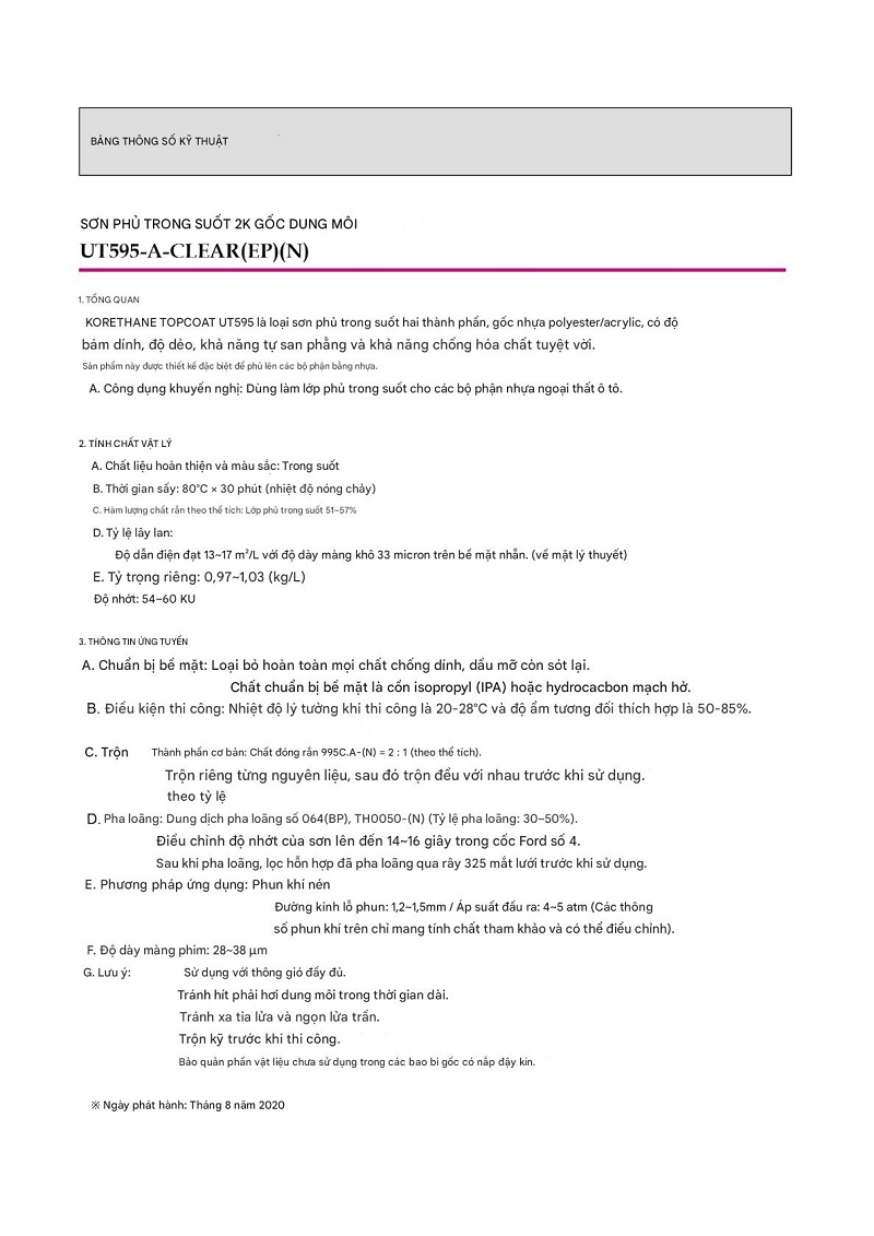 Thông số kỹ thuật UT595 Clear KCC