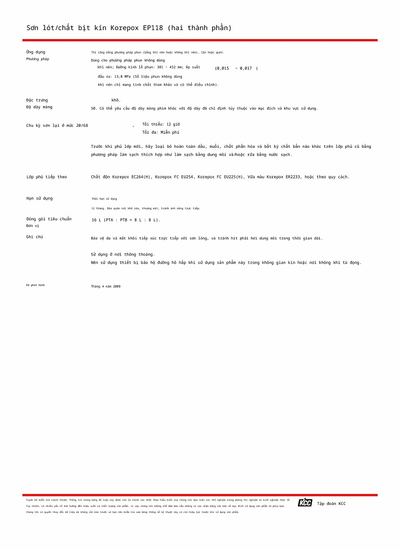 Thông số kỹ thuật EP118 KCC b