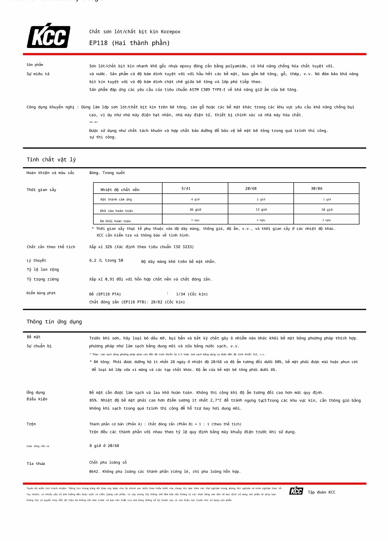 Thông số kỹ thuật EP118 KCC a