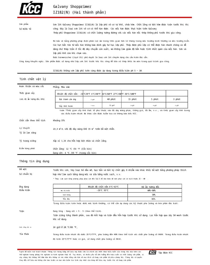 Thông số kỹ thuật IZ182(N) KCC - sơn lót kẽm vô cơ - A