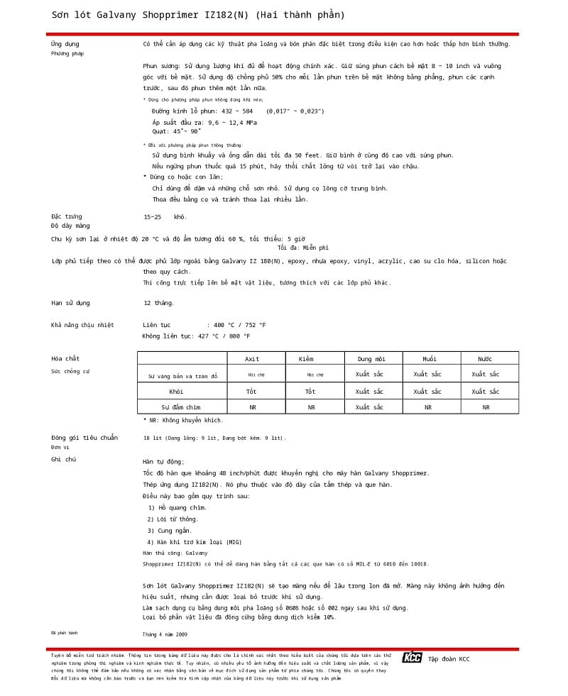 Thông số kỹ thuật IZ182(N) KCC - sơn lót kẽm vô cơ - B