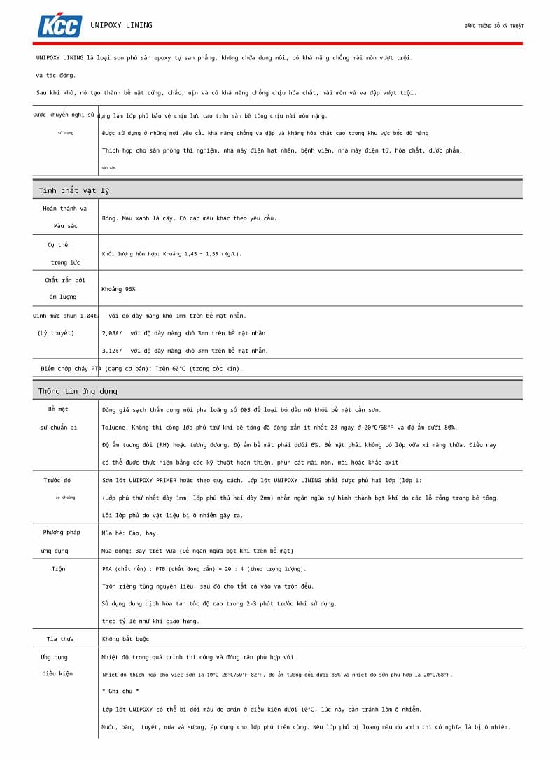 Thông số kỹ thuật UNIPOXY LINING 0