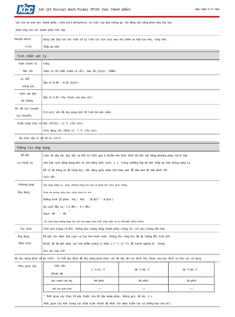 Thông số kỹ thuật VP134 KCC A