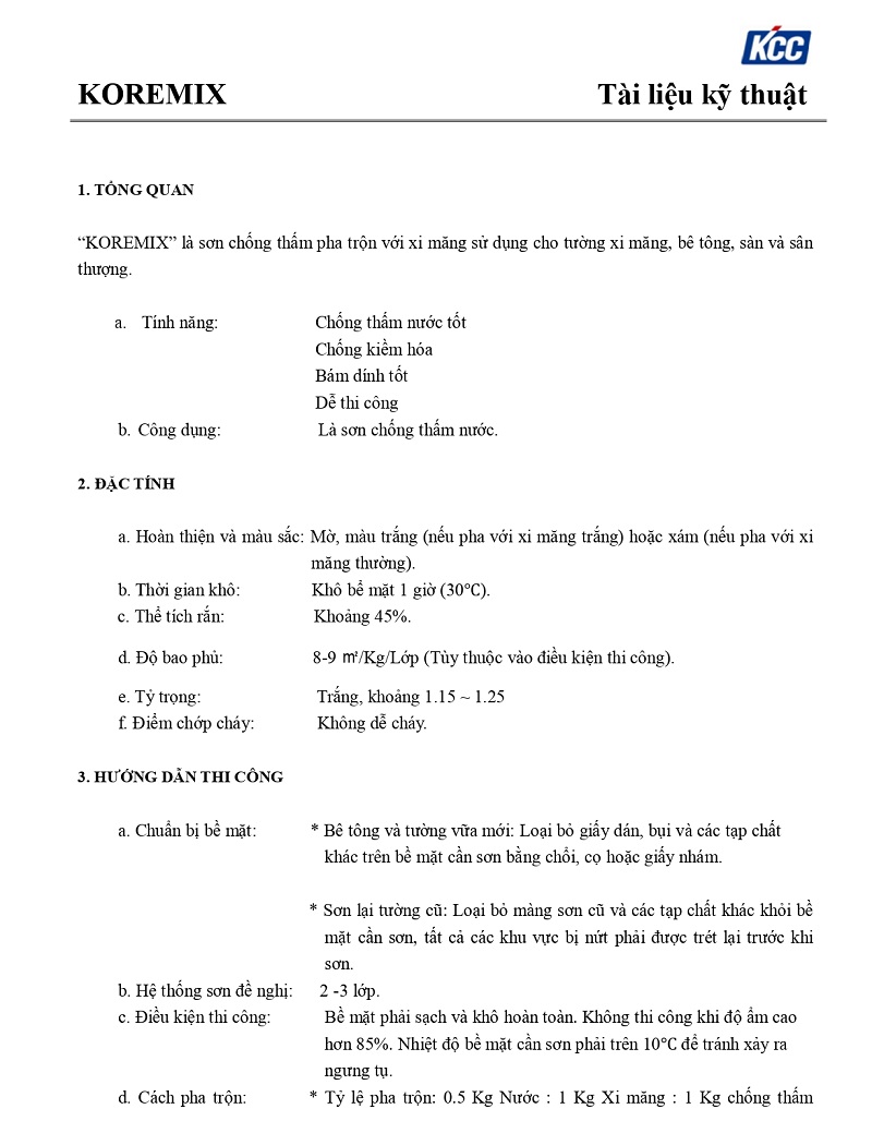 Thông số kỹ thuật Koremix 0