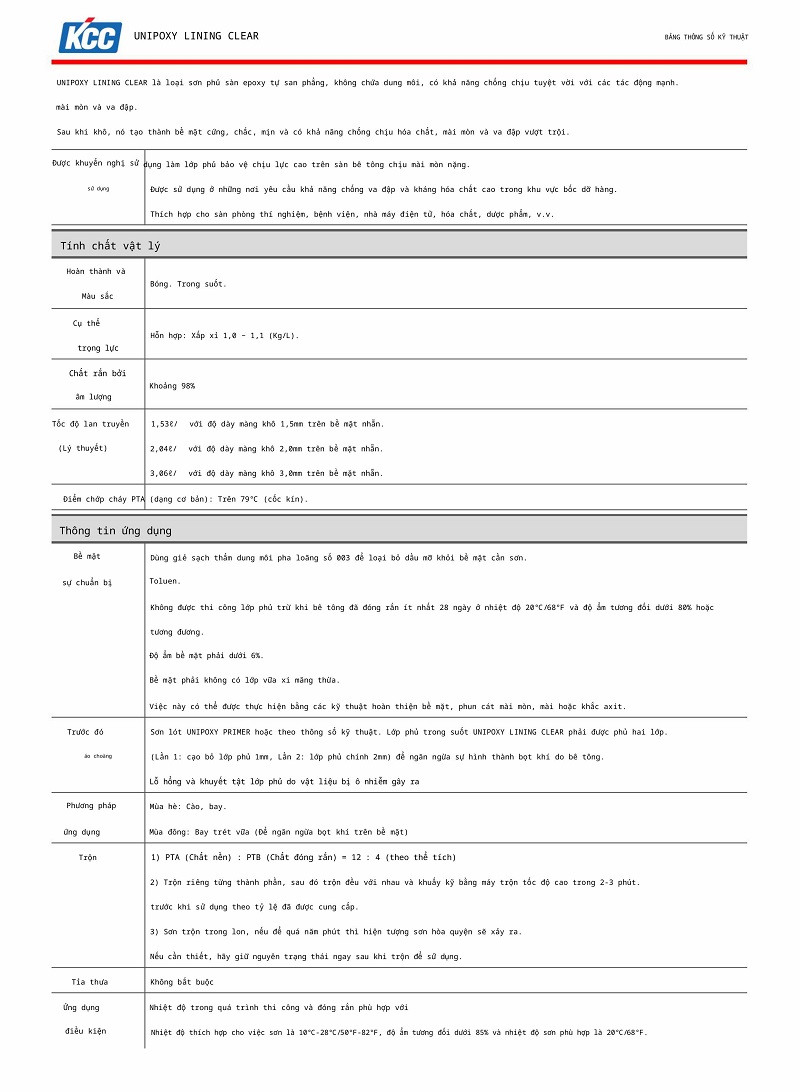 Thông số kỹ thuật UNIPOXY LINING CLEAR 0
