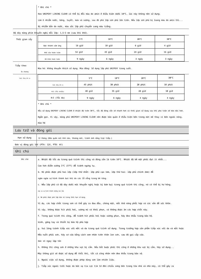 Thông số kỹ thuật UNIPOXY LINING CLEAR 1