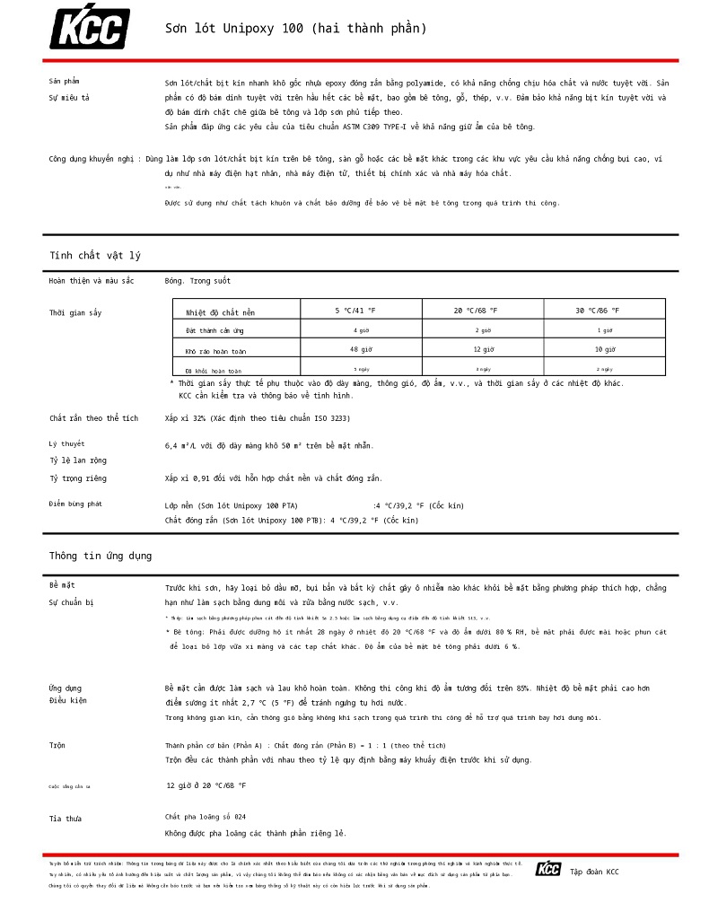 Thông số kỹ thuật Unipoxy Primer 100 KCC 001