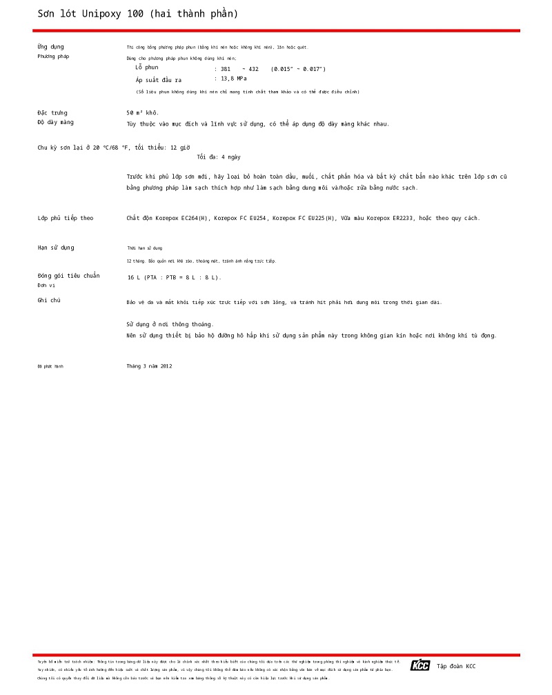 Thông số kỹ thuật Unipoxy Primer 100 KCC 002