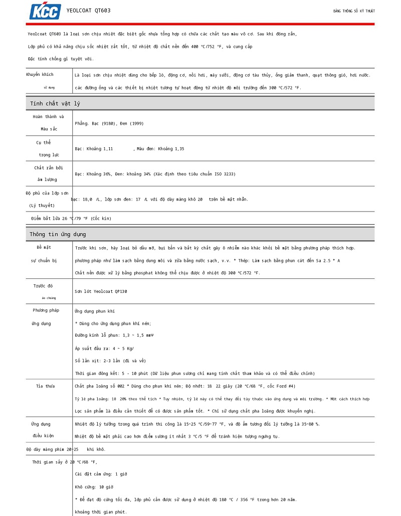 Thông số kỹ thuật Yeolcoat QT603 KCC | TDS QT603 KCC 001