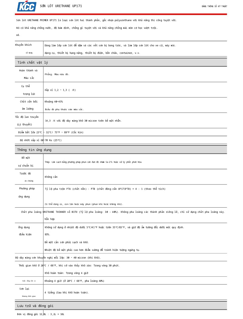 Thông số kỹ thuật UP171 KCC | TDS UP171 KCC 001
