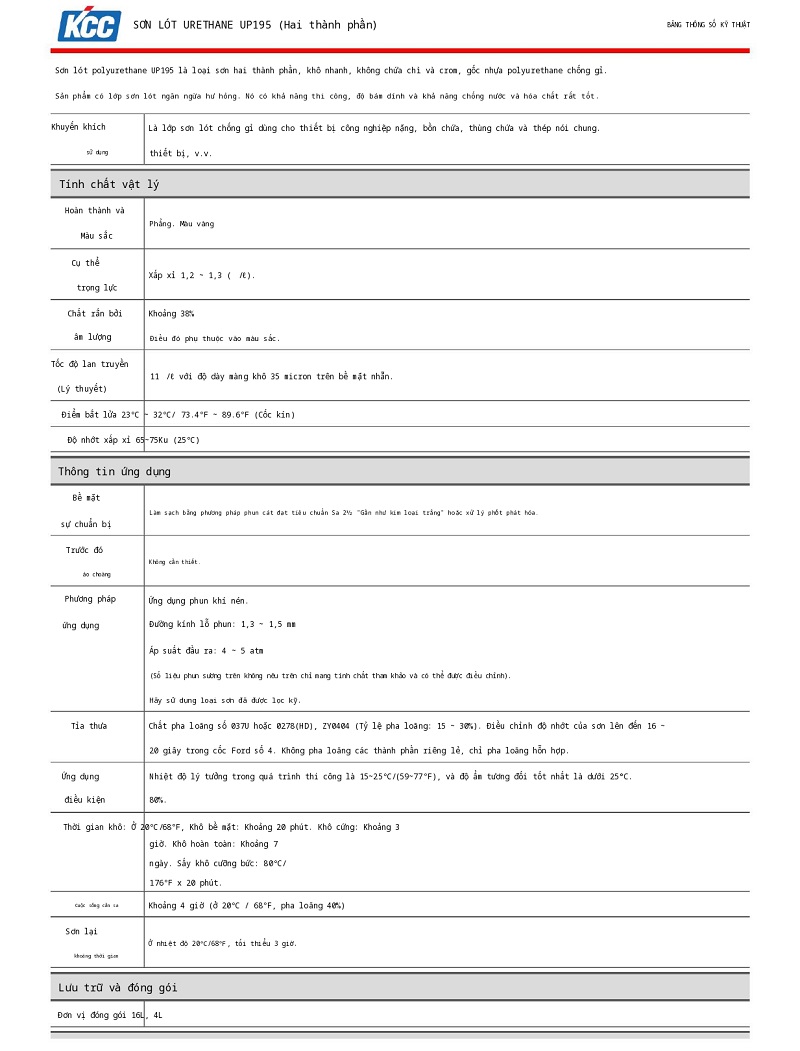 Thông số kỹ thuật UP195 KCC | TDS UP195 KCC 001