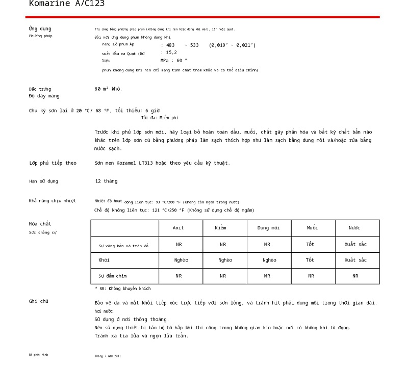 Thông số kỹ thuật Komarine A/C123 KCC 002