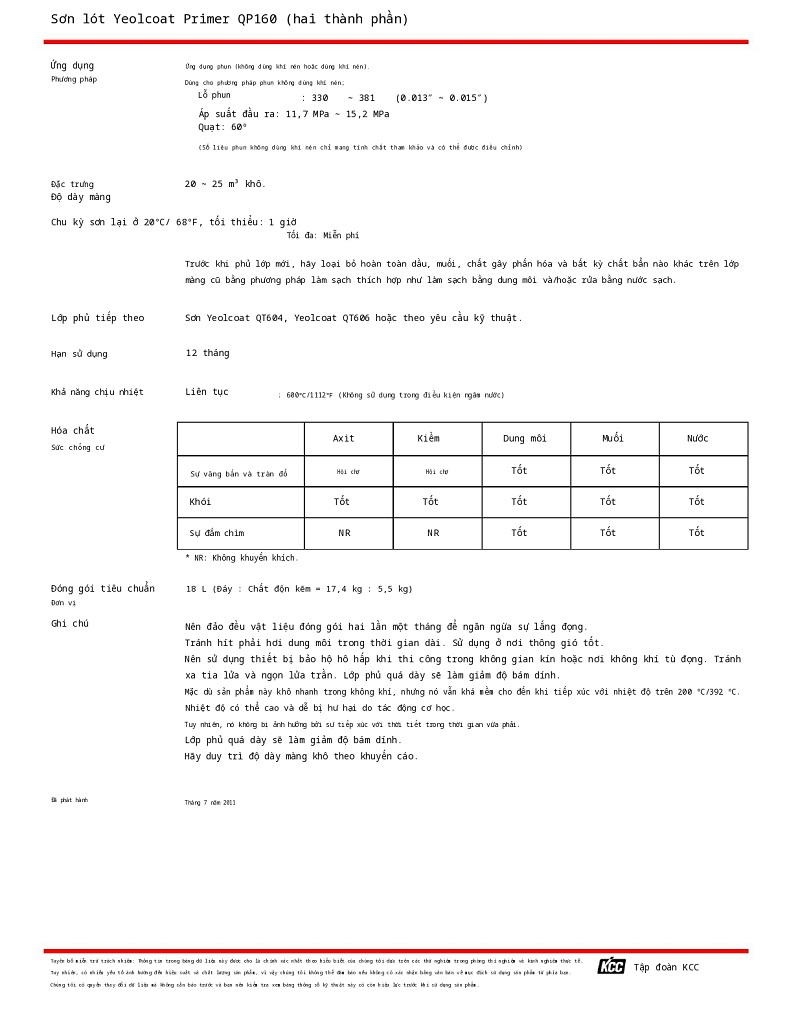 Thông số kỹ thuật Yeolcoat Primer QP160 KCC 002