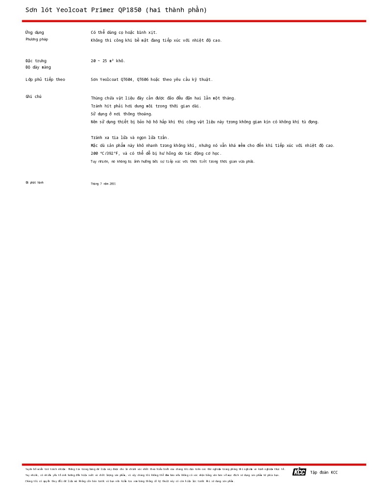 Thông số kỹ thuật Yeolcoat Primer QP1850 002