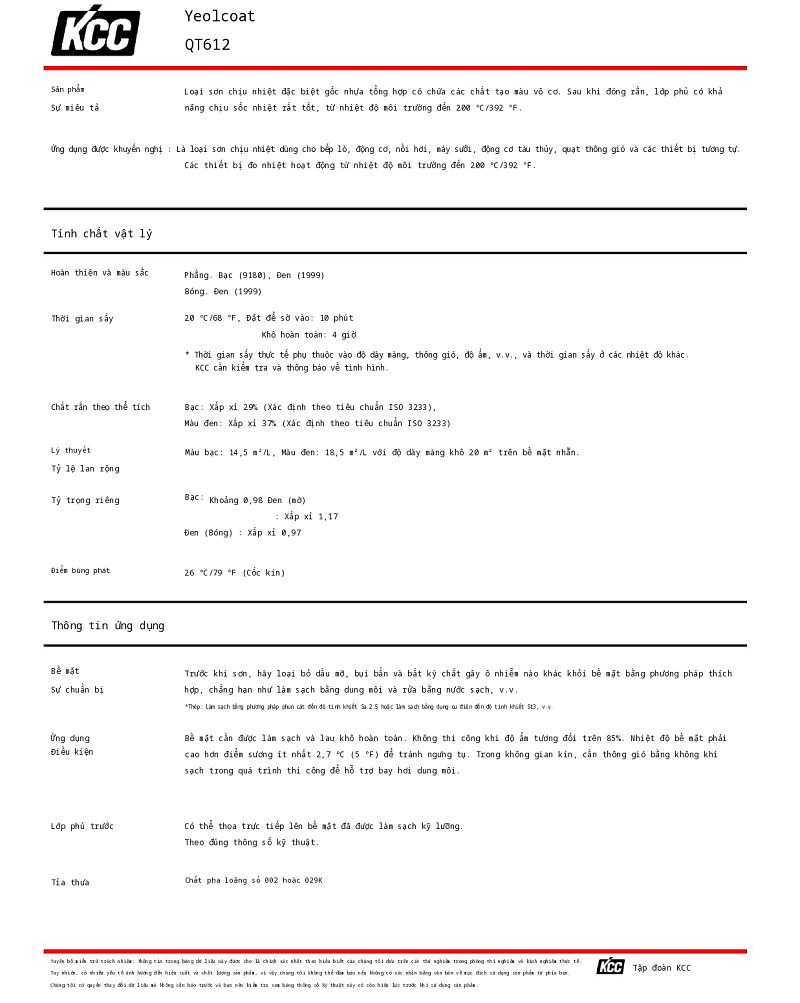 Thông số kỹ thuật Yeolcoat QT612 KCC 001