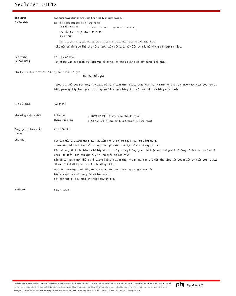 Thông số kỹ thuật Yeolcoat QT612 KCC 002