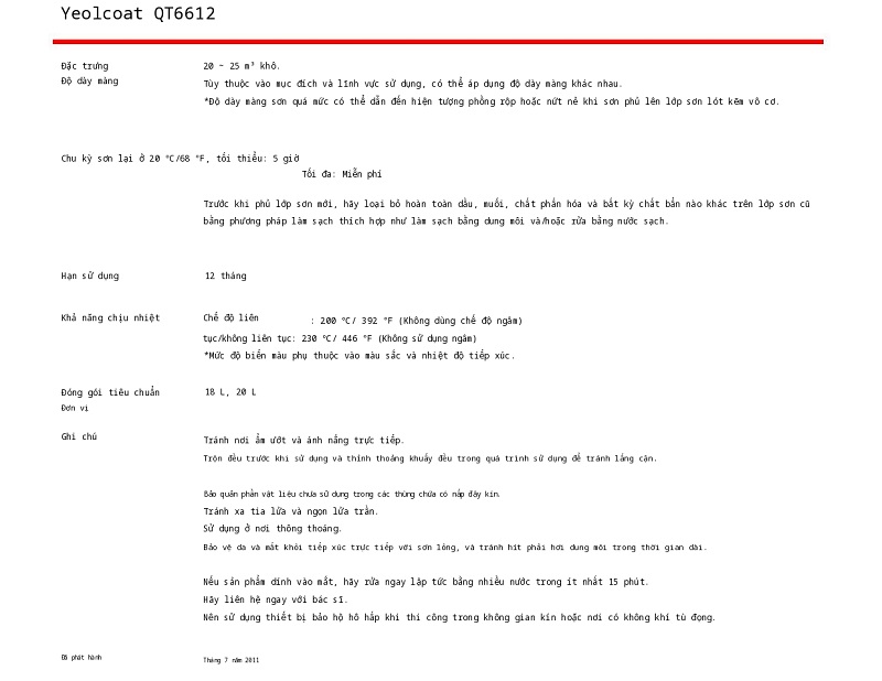Thông số kỹ thuật Yeolcoat QT6612 KCC 002