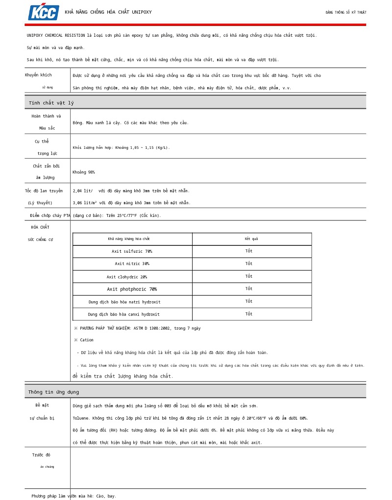 Thông số kỹ thuật UNIPOXY CHEMICAL RESISTANCE KCC 001