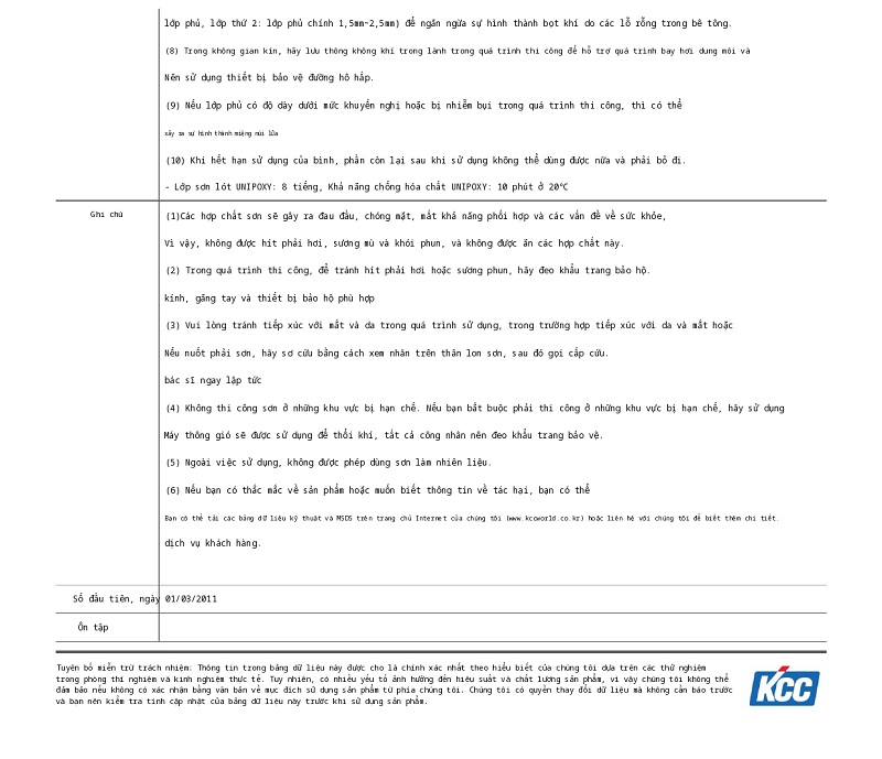 Thông số kỹ thuật UNIPOXY CHEMICAL RESISTANCE KCC 003