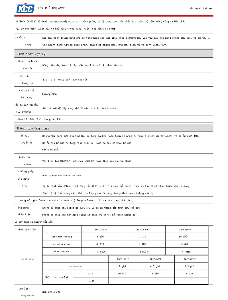 Thông số kỹ thuật Unipoxy Coating KCC 001