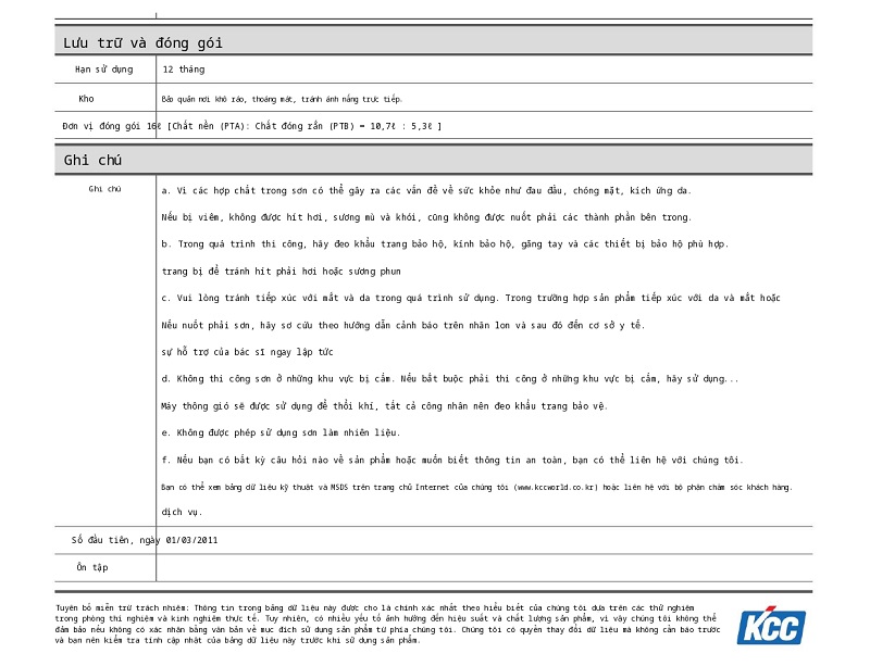 Thông số kỹ thuật Unipoxy Coating KCC 002