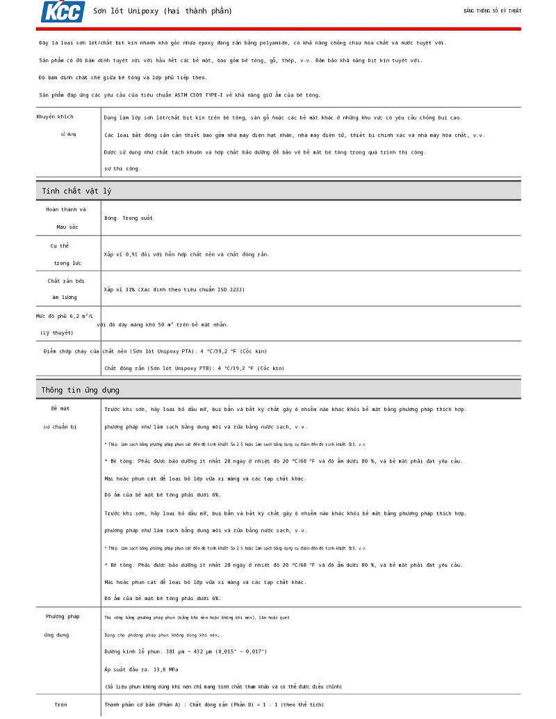 Thông số kỹ thuật Unipoxy Primer KCC 001