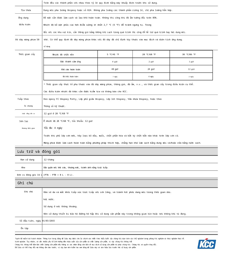 Thông số kỹ thuật Unipoxy Primer KCC 002